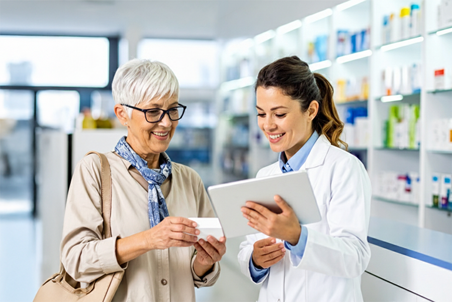 Apothekerin berät Kundin mit Tablet in der Apotheke