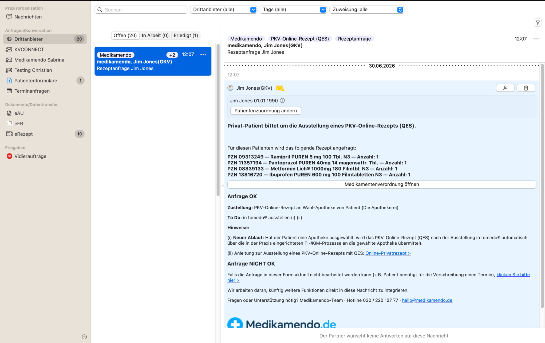 Rezeptanfrage in der tomedo&reg;-Inbox: PKV-Online-Rezept (QES) mit vier PZN-genauen Präparaten und Zustellung an die Wahl-Apotheke