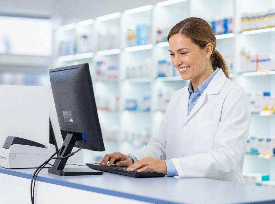 Apothekerin arbeitet am Computer